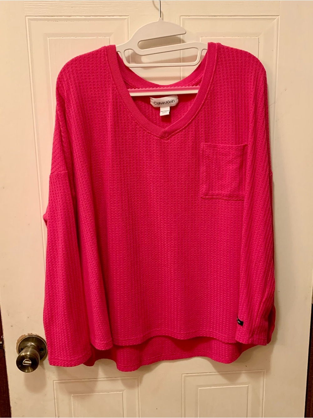 Calvin Klein Hot Pink Waffle Knit V-Neck Thermal Top - XL